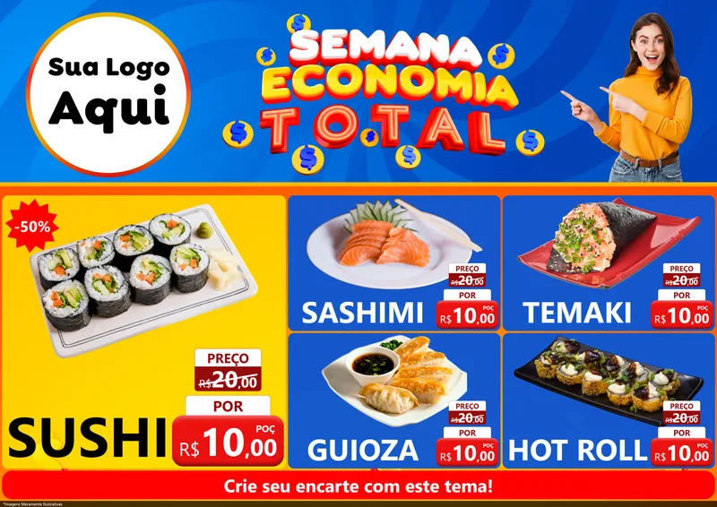 Modelo de Encarte para Encarte A4 Horizontal com o tema Semana Economia Total para Comida japonesa