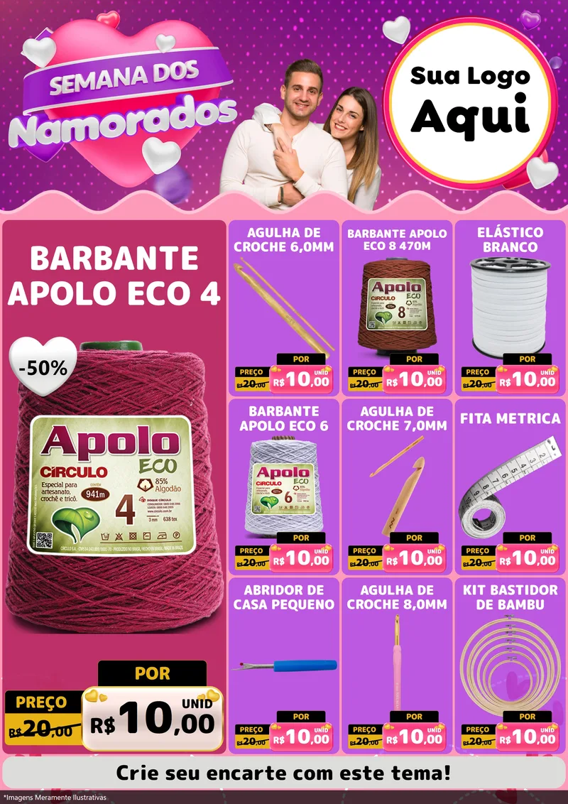 Modelo de Encarte para Encarte A4 Vertical com o tema Semana dos Namorados para Armarinho e Aviamentos