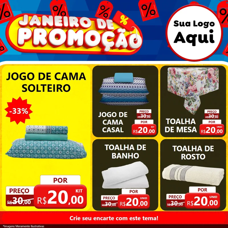 Modelo de Rede Social para Feed Facebook com o tema Janeiro de Promoção para Cama, Mesa e Banho