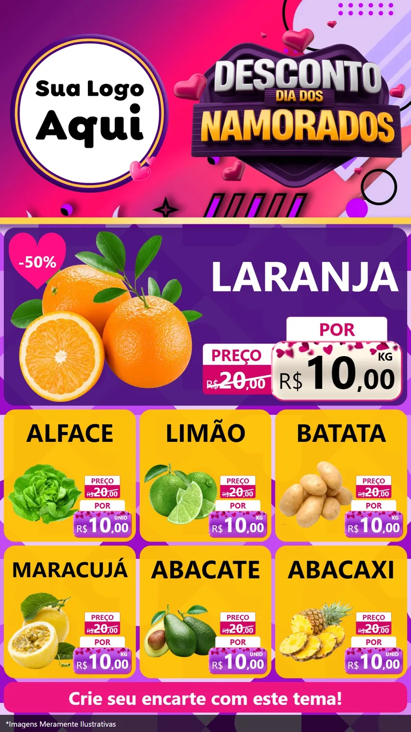 Modelo de Rede Social para Stories com o tema Desconto Dia dos Namorados para Hortifrúti