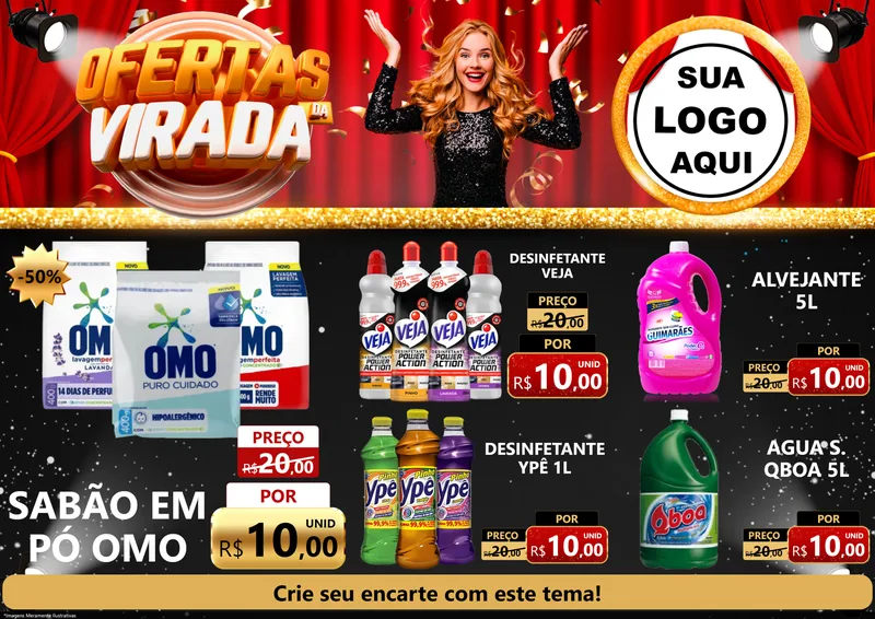 Modelo de Encarte para Encarte A4 Horizontal com o tema Ofertas da Virada para Produtos de Limpeza