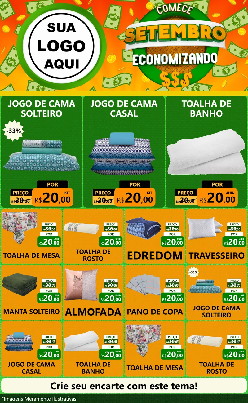 Modelo de Encarte para Encarte Grande com o tema Comece Setembro Economizando para Cama, Mesa e Banho