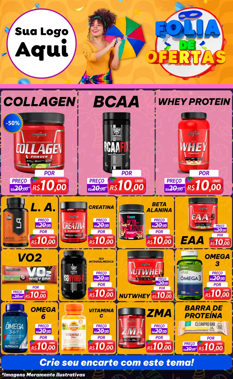 Modelo de Encarte para Encarte Grande com o tema Folia de Ofertas para Suplementos alimentares