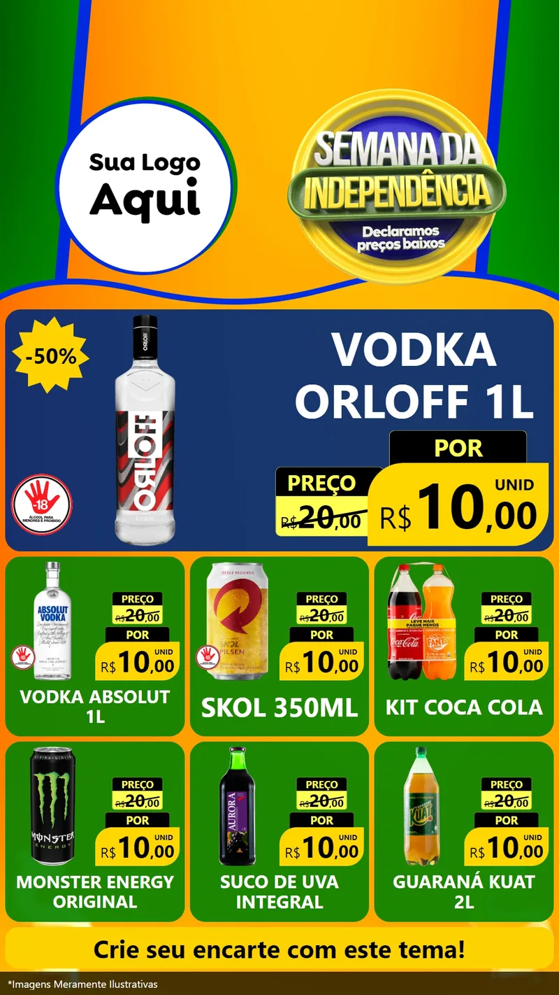 Modelo de Rede Social para Stories com o tema Semana da Independência Declaramos Preços Baixos para Distribuidora de bebidas
