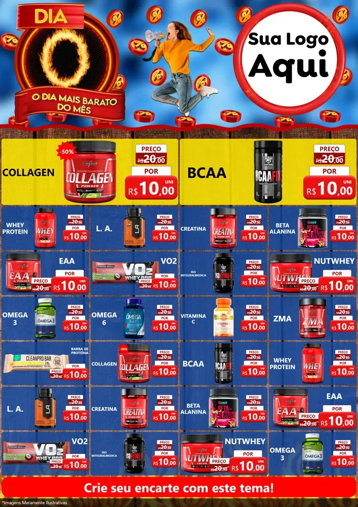 Modelo de Encarte para Encarte A4 Vertical com o tema Dia O - O Dia Mais Barato Do Mês para Suplementos alimentares