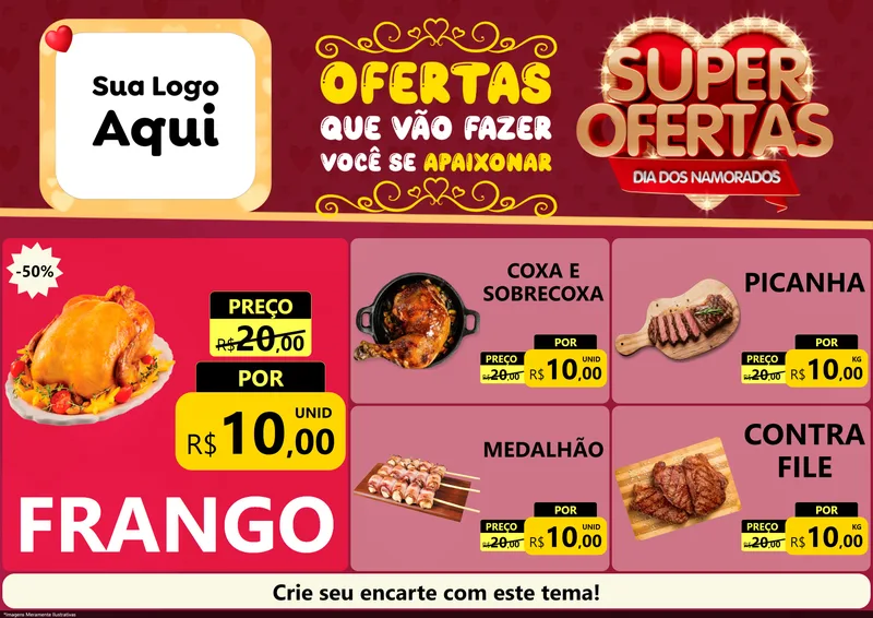 Modelo de Encarte para Encarte A4 Horizontal com o tema Dia dos Namorados para Assados