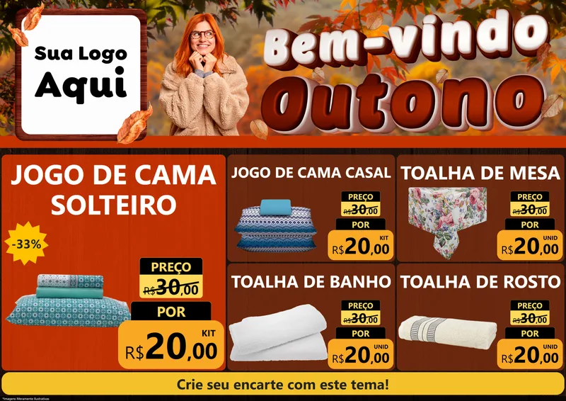 Modelo de Encarte para Encarte A4 Horizontal com o tema Bem-vindo Outono para Cama, Mesa e Banho