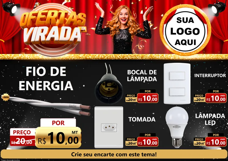 Modelo de Encarte para Encarte A4 Horizontal com o tema Ofertas da Virada para Materiais Elétricos
