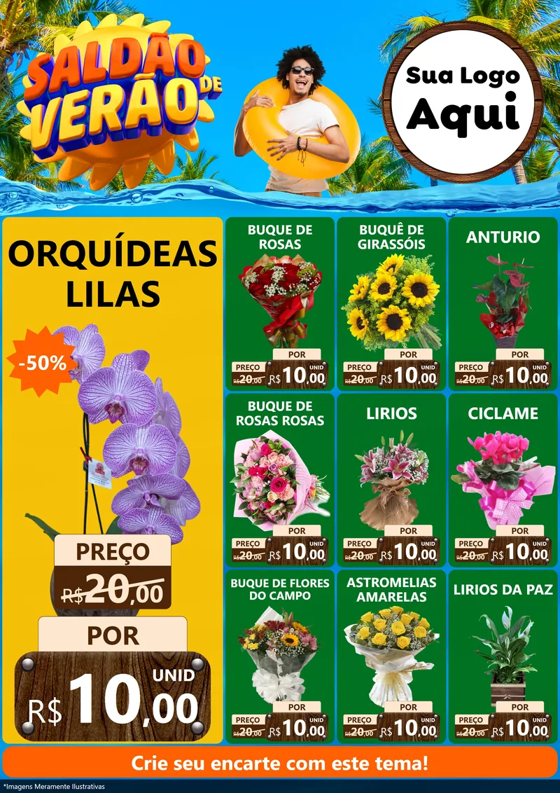 Modelo de Encarte para Encarte A4 Vertical com o tema Saldão de Verão para Floricultura e jardim