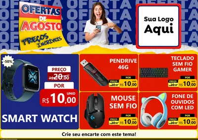 Modelo de Encarte para Encarte A4 Horizontal com o tema Ofertas de Agosto - Preços Incríveis para Informática
