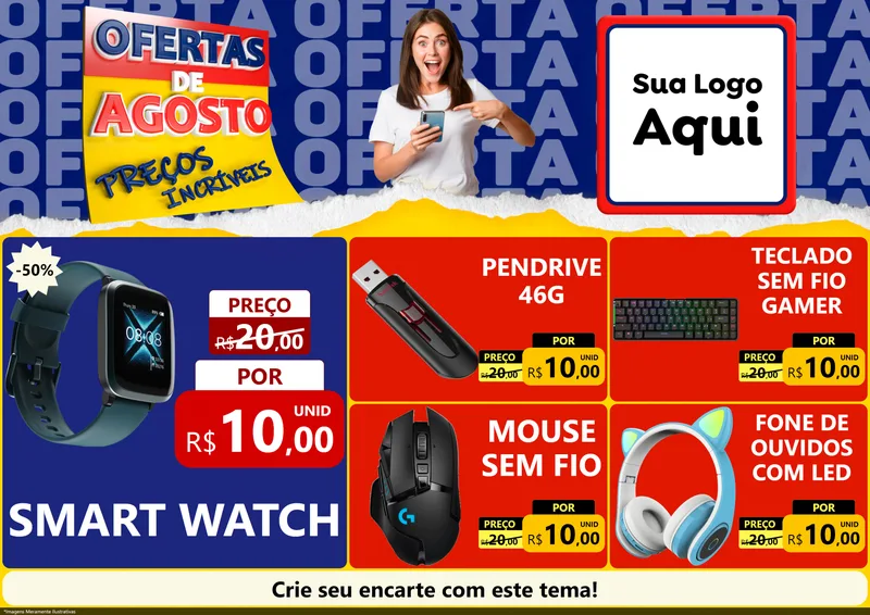 Modelo de Encarte para Encarte A4 Horizontal com o tema Ofertas de Agosto - Preços Incríveis para Informática