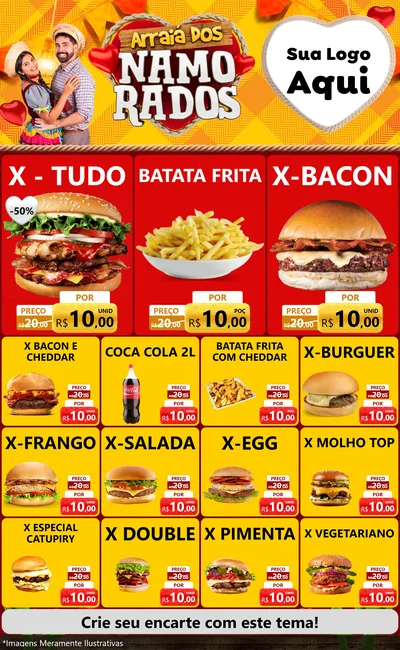 Modelo de Encarte para Encarte Grande com o tema Arraiá dos Namorados para Hamburgueria
