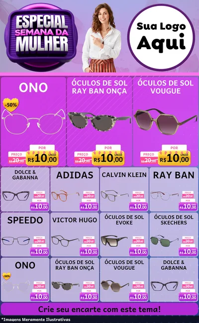 Modelo de Encarte para Encarte Grande com o tema Especial Semana da Mulher para Óticas