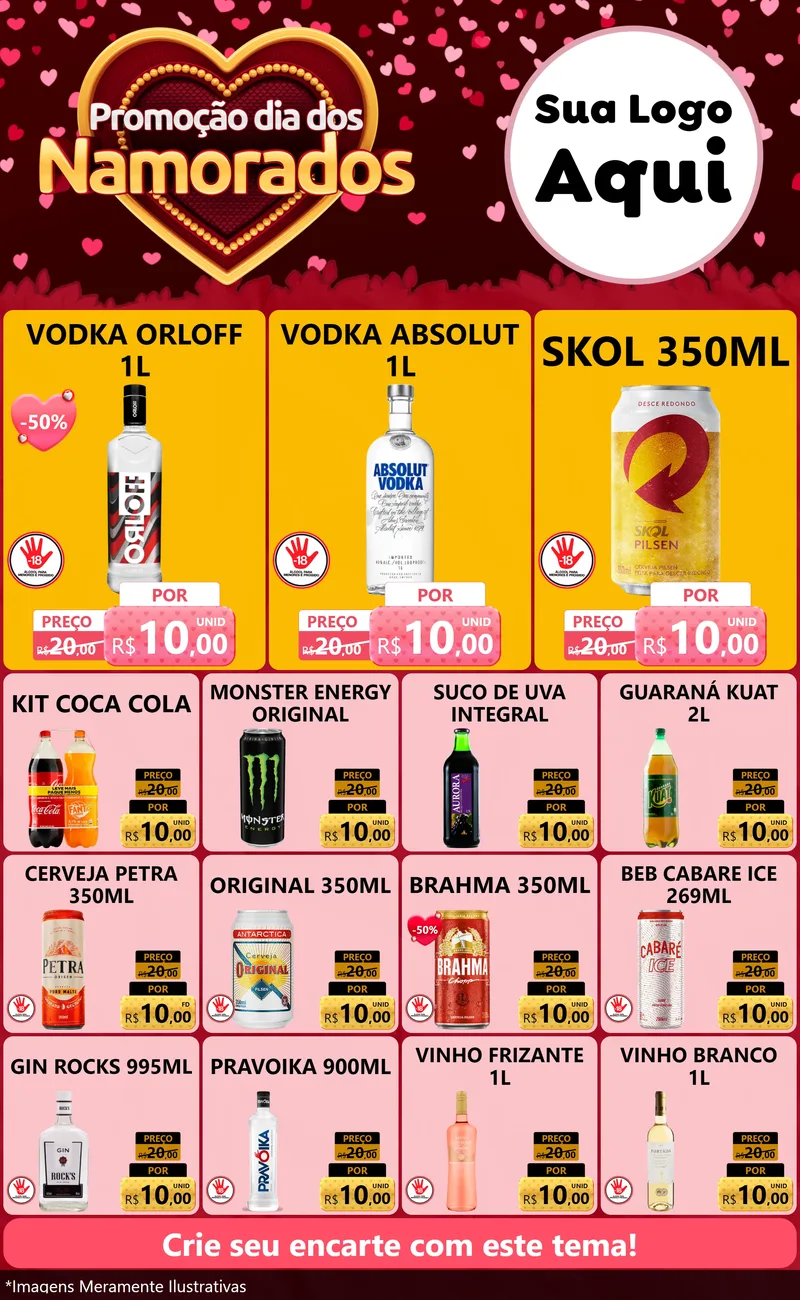 Modelo de Encarte para Encarte Grande com o tema Promoção Dia Dos Namorados para Distribuidora de bebidas