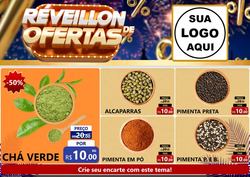 Modelo de Encarte para Encarte A4 Horizontal com o tema Réveillon de Ofertas para Produtos Naturais