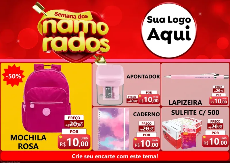 Modelo de Encarte para Encarte A4 Horizontal com o tema Semana dos namorados para Papelaria