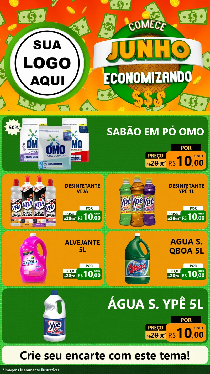 Modelo de TV para TV Vertical com o tema Comece Junho Economizando para Produtos de Limpeza