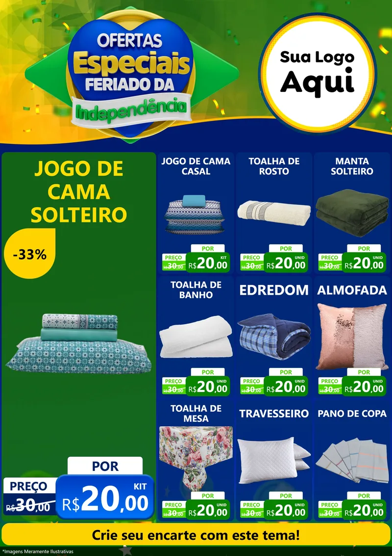 Modelo de Encarte para Encarte A4 Vertical com o tema Ofertas Especiais Feriado da Independência para Cama, Mesa e Banho