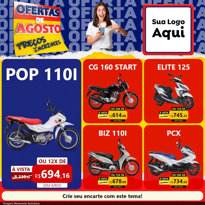 Modelo de Rede Social para Feed Facebook com o tema Ofertas de Agosto - Preços Incríveis para Concessionaria de Motos