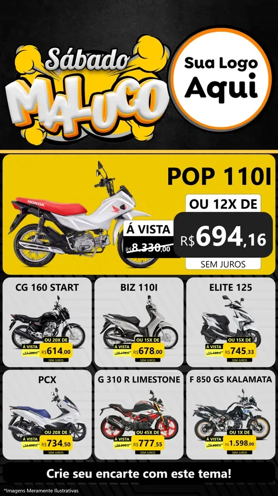 Modelo de Rede Social para Stories com o tema Sábado Maluco para Concessionaria de Motos