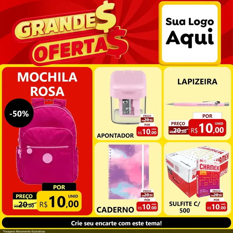Modelo de Rede Social para Feed Facebook com o tema Grandes Ofertas para Papelaria