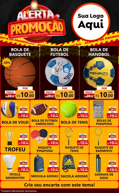 Modelo de Encarte para Encarte Grande com o tema Alerta de Promoção para Artigos Esportivos