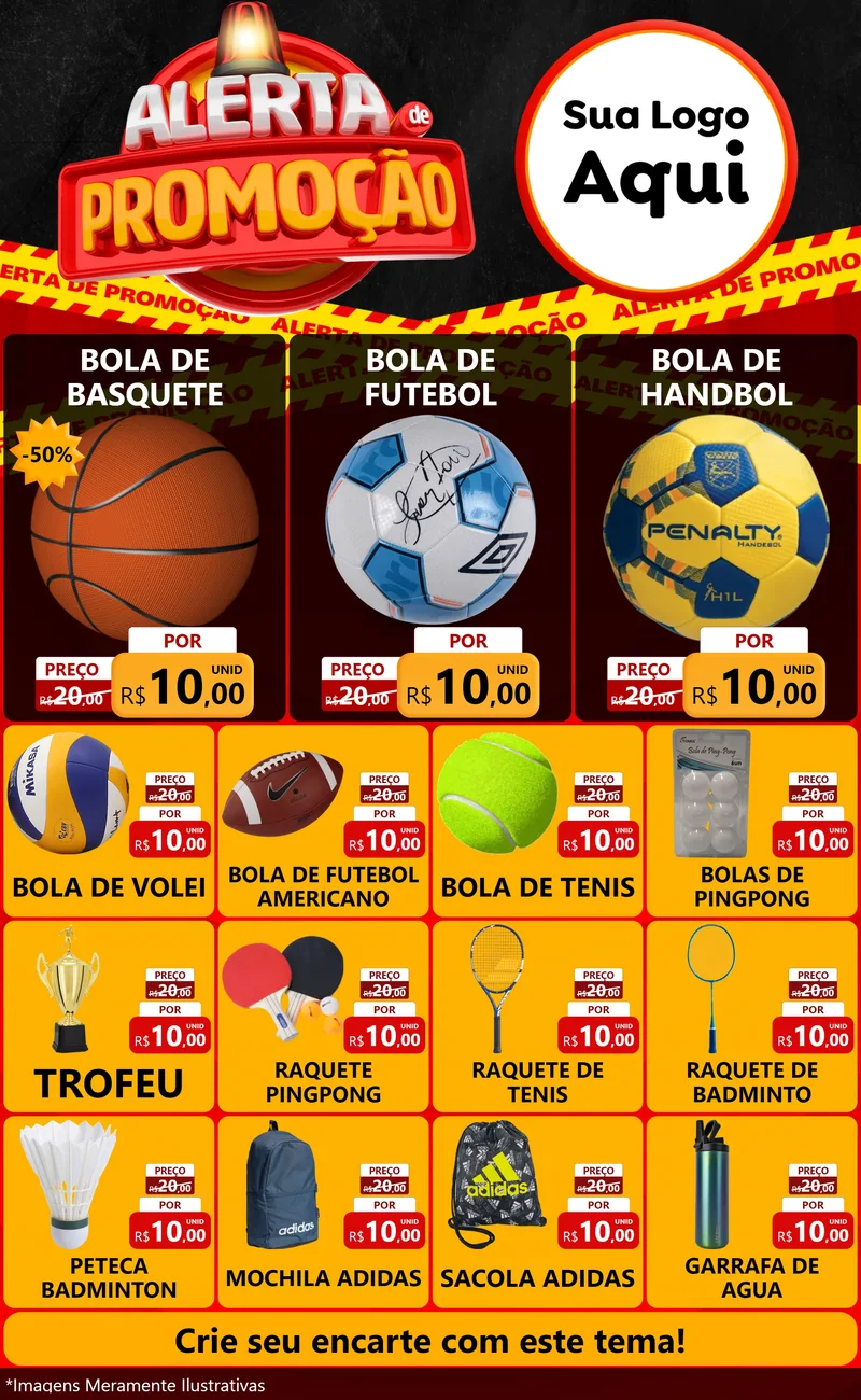 Modelo de Encarte para Encarte Grande com o tema Alerta de Promoção para Artigos Esportivos