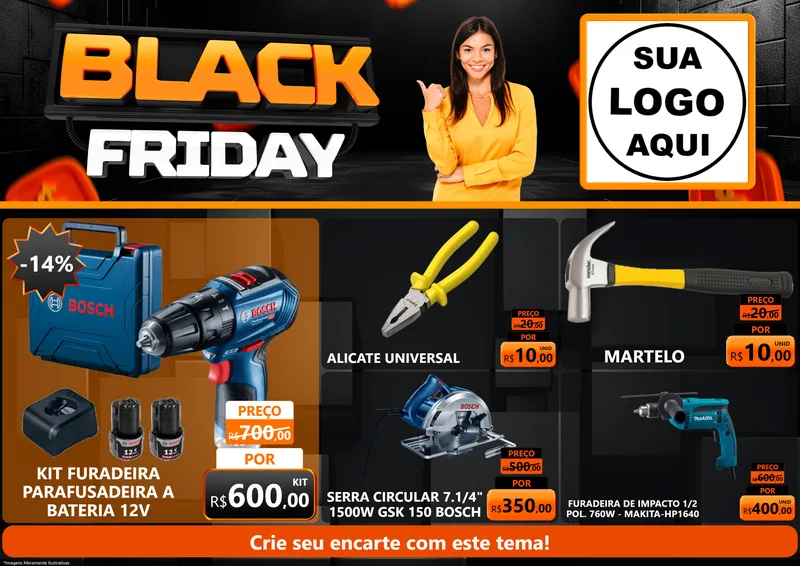 Modelo de Encarte para Encarte A4 Horizontal com o tema Black Friday para Maquinas e Ferramentas