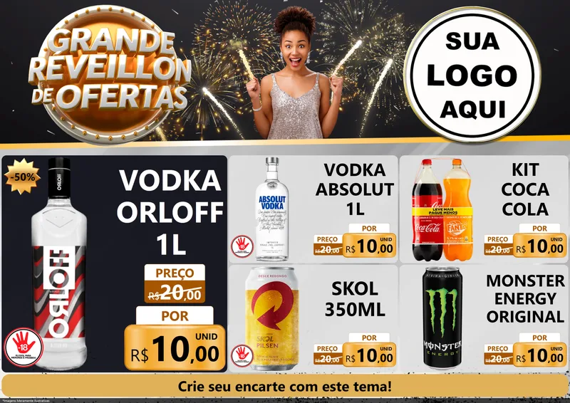 Modelo de Encarte para Encarte A4 Horizontal com o tema Grande Réveillon de Ofertas para Distribuidora de bebidas