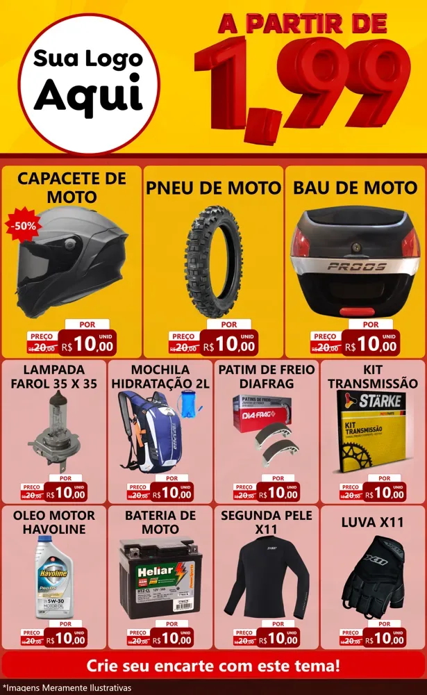 Modelo de Encarte para Encarte Grande com o tema A Partir de Um e Noventa e Nove - 1,99 para Moto peças