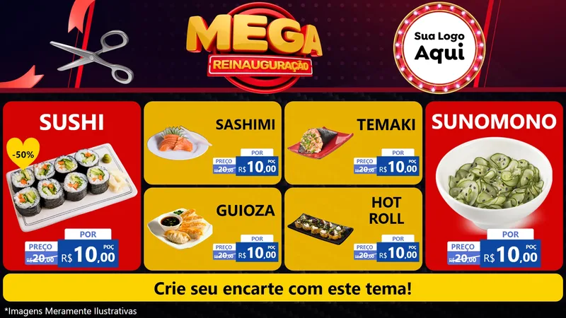 Modelo de TV para TV Horizontal com o tema Mega Reinauguração para Comida japonesa