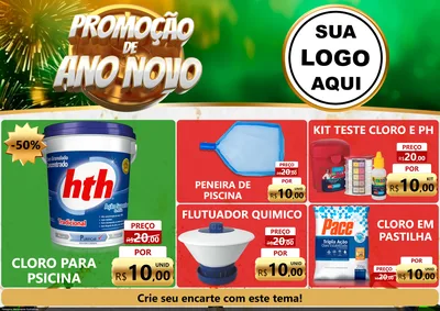 Modelo de Encarte para Encarte A4 Horizontal com o tema Promoção de Ano Novo para Produtos para Piscina