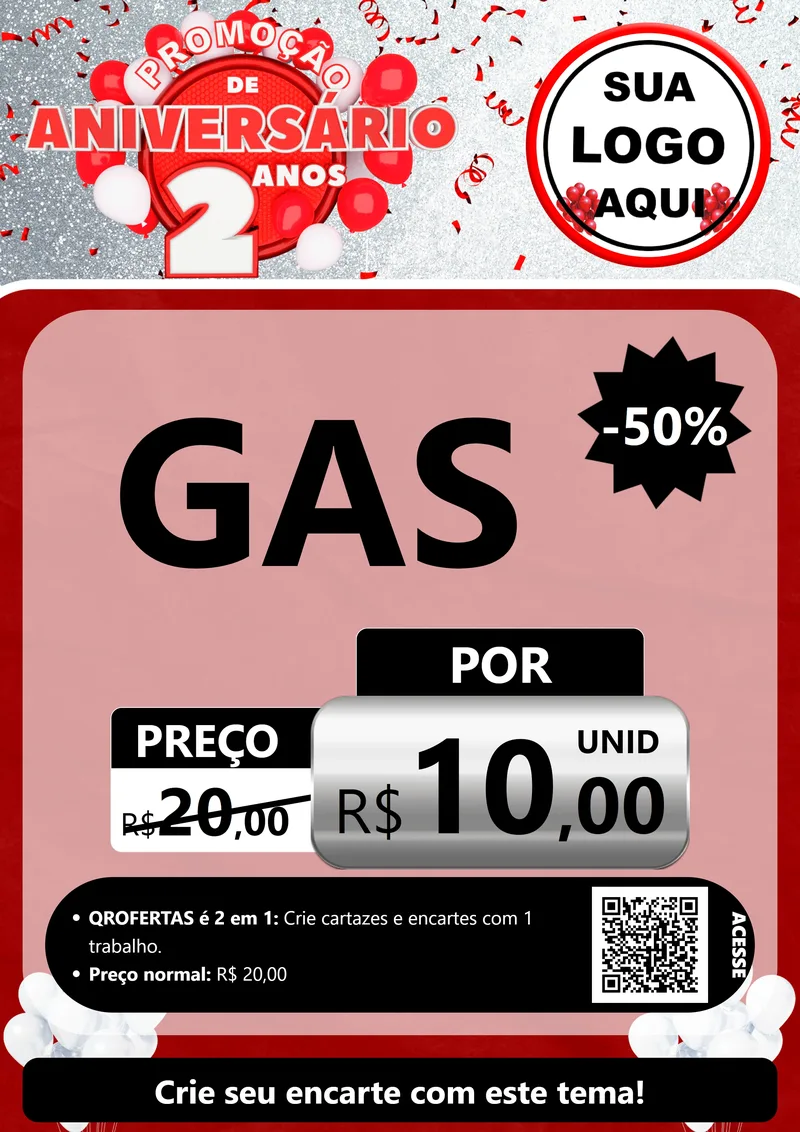 Modelo de Cartaz para Cartaz A4 Vertical com o tema Promoção de Aniversário - 2 Anos para Água e gás