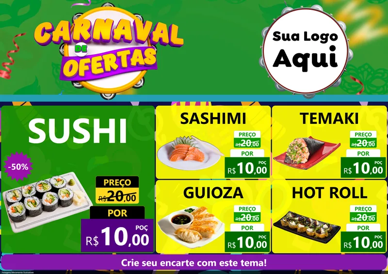 Modelo de Encarte para Encarte A4 Horizontal com o tema Carnaval de Ofertas para Comida japonesa
