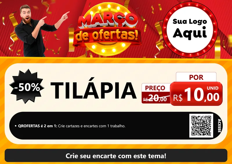 Modelo de Cartaz para Cartaz A4 Horizontal com o tema Março de Ofertas! para Peixaria