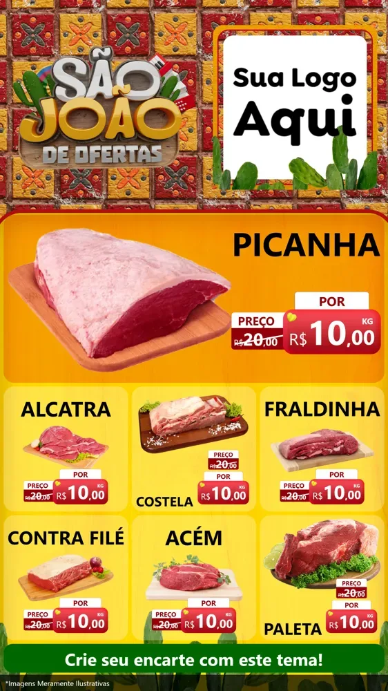 Modelo de Rede Social para Stories com o tema São João de Muitas Ofertas - Junina para Açougue