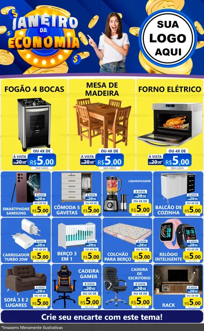 Modelo de Encarte para Encarte Grande com o tema Janeiro da Economia para Móveis e Eletro