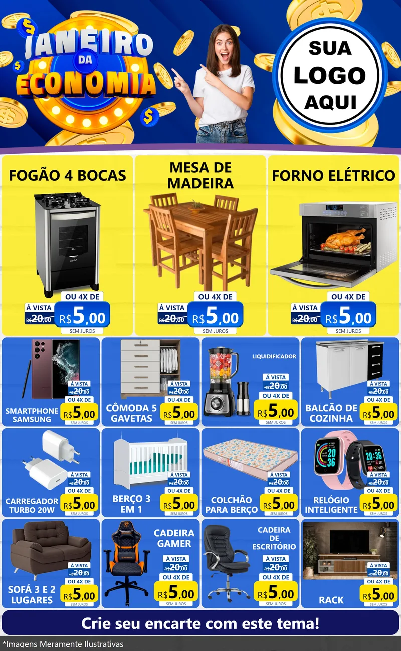Modelo de Encarte para Encarte Grande com o tema Janeiro da Economia para Móveis e Eletro