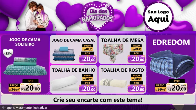 Modelo de TV para TV Horizontal com o tema Dia dos Namorados para Cama, Mesa e Banho