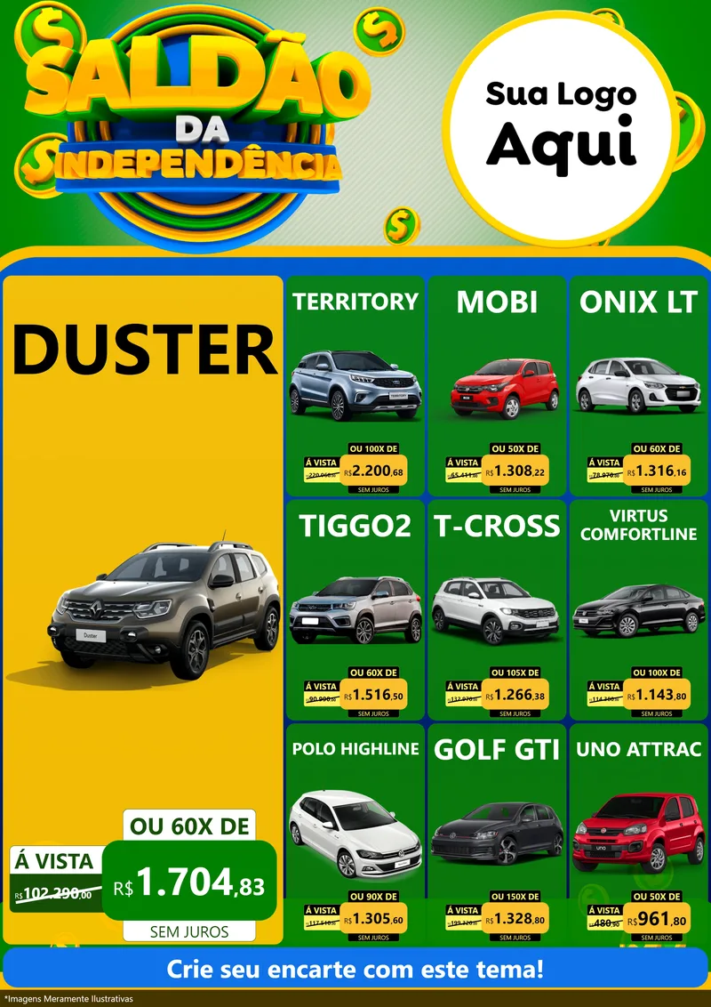 Modelo de Encarte para Encarte A4 Vertical com o tema Saldão da Indepêndencia para Concessionaria de Carros