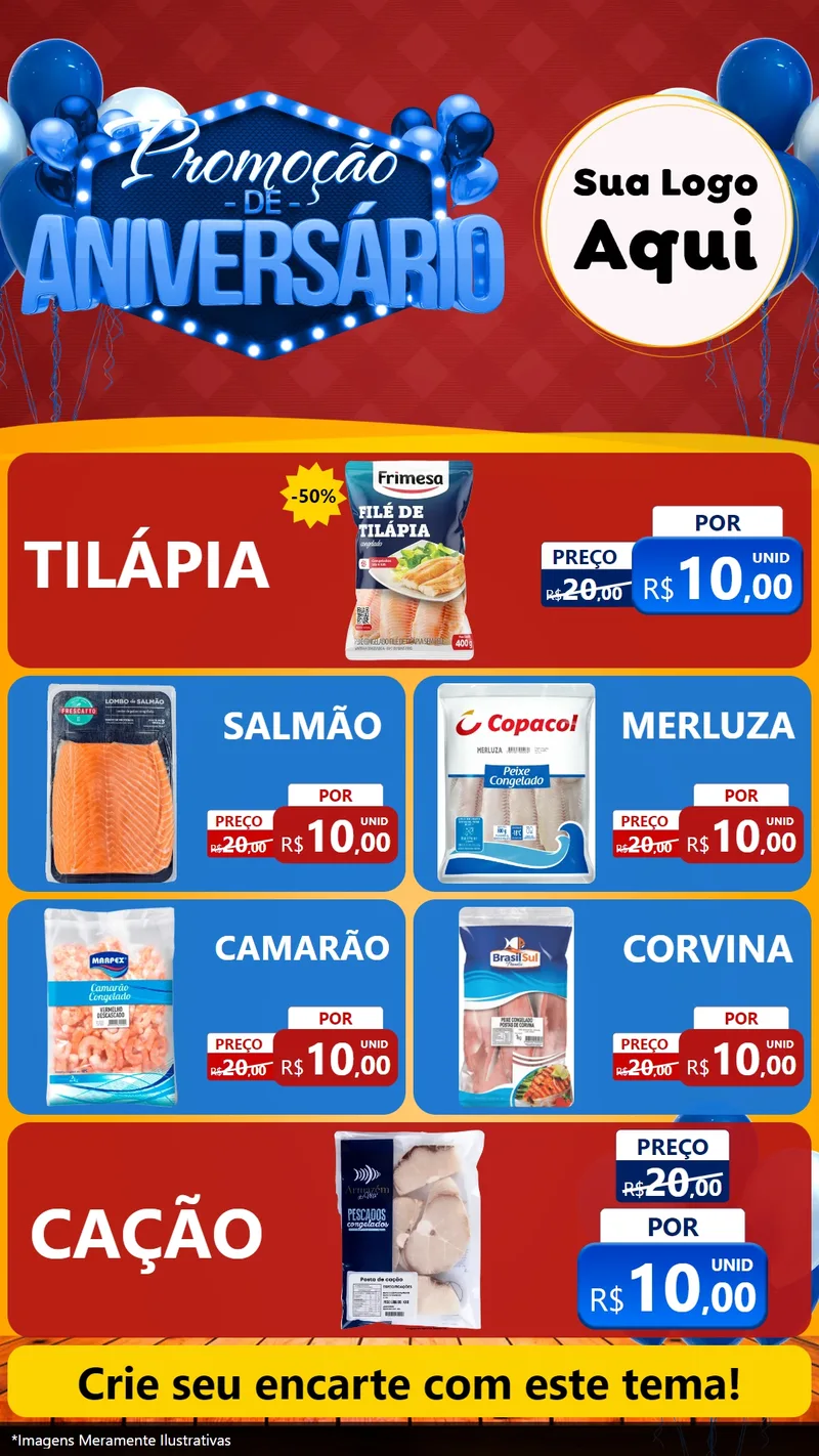 Modelo de TV para TV Vertical com o tema Promoção de Aniversário para Peixaria