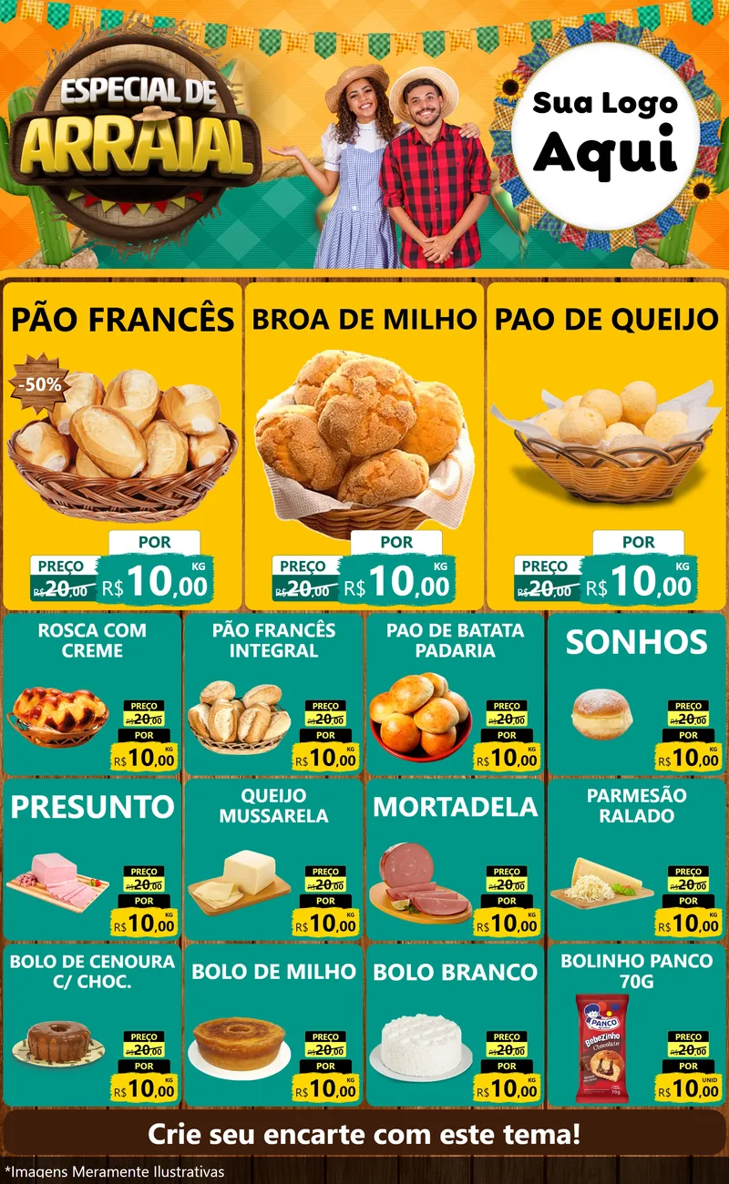 Modelo de Encarte para Encarte Grande com o tema Especial De Arraial para Padaria