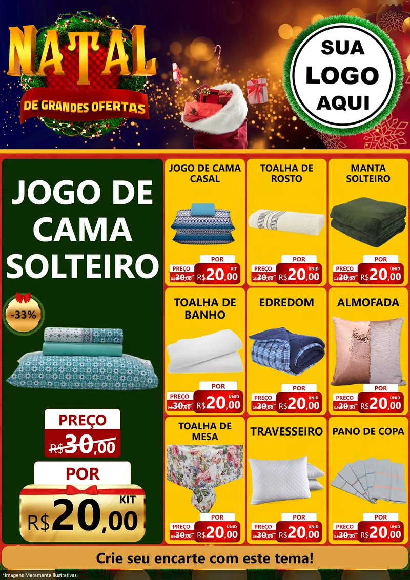 Modelo de Encarte para Encarte A4 Vertical com o tema Natal de Grandes Ofertas para Cama, Mesa e Banho