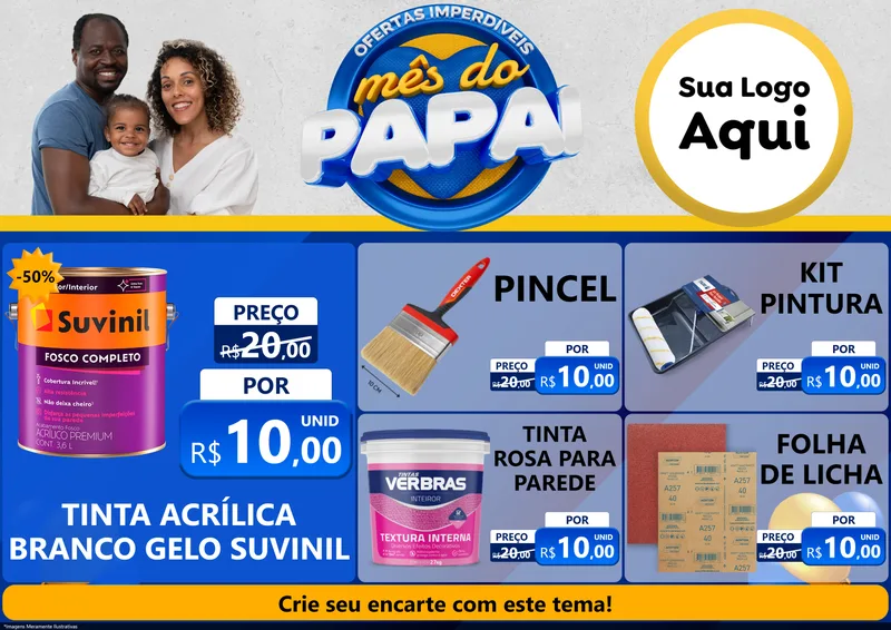 Modelo de Encarte para Encarte A4 Horizontal com o tema Ofertas Imperdíveis Mês Do Papai para Tintas e Ferramentas