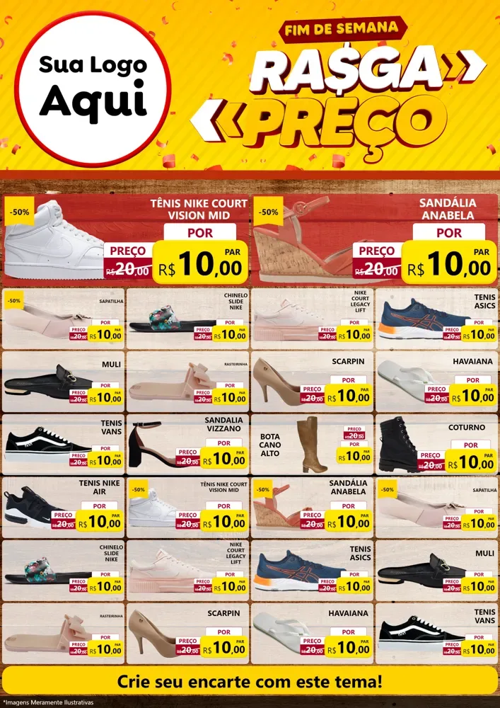 Modelo de Encarte para Encarte A4 Vertical com o tema Fim de Semana Rasga Preços para Calçados