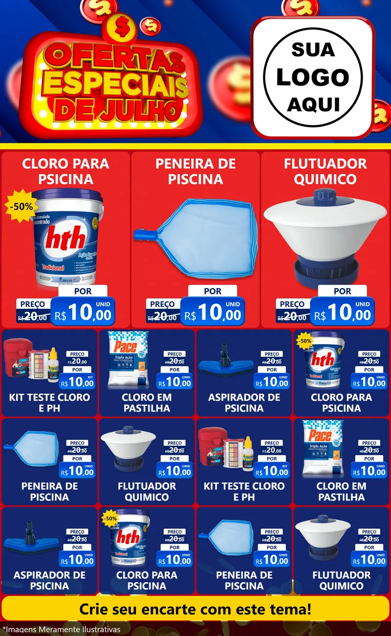 Modelo de Encarte para Encarte Grande com o tema Ofertas Especiais de Julho para Produtos para Piscina