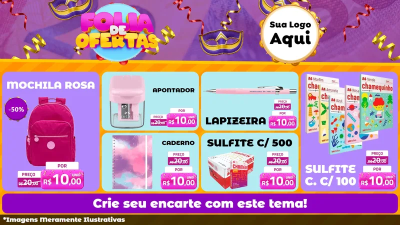 Modelo de TV para TV Horizontal com o tema Folia de Ofertas para Papelaria