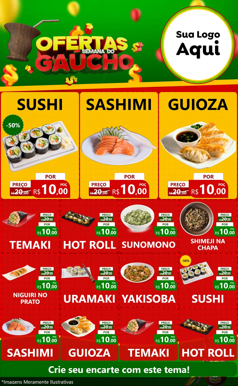 Modelo de Encarte para Encarte Grande com o tema Ofertas Semana Do Gaúcho para Comida japonesa