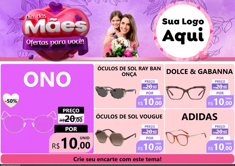 Modelo de Encarte para Encarte A4 Horizontal com o tema Dia das Mães Ofertas para Você! para Óticas