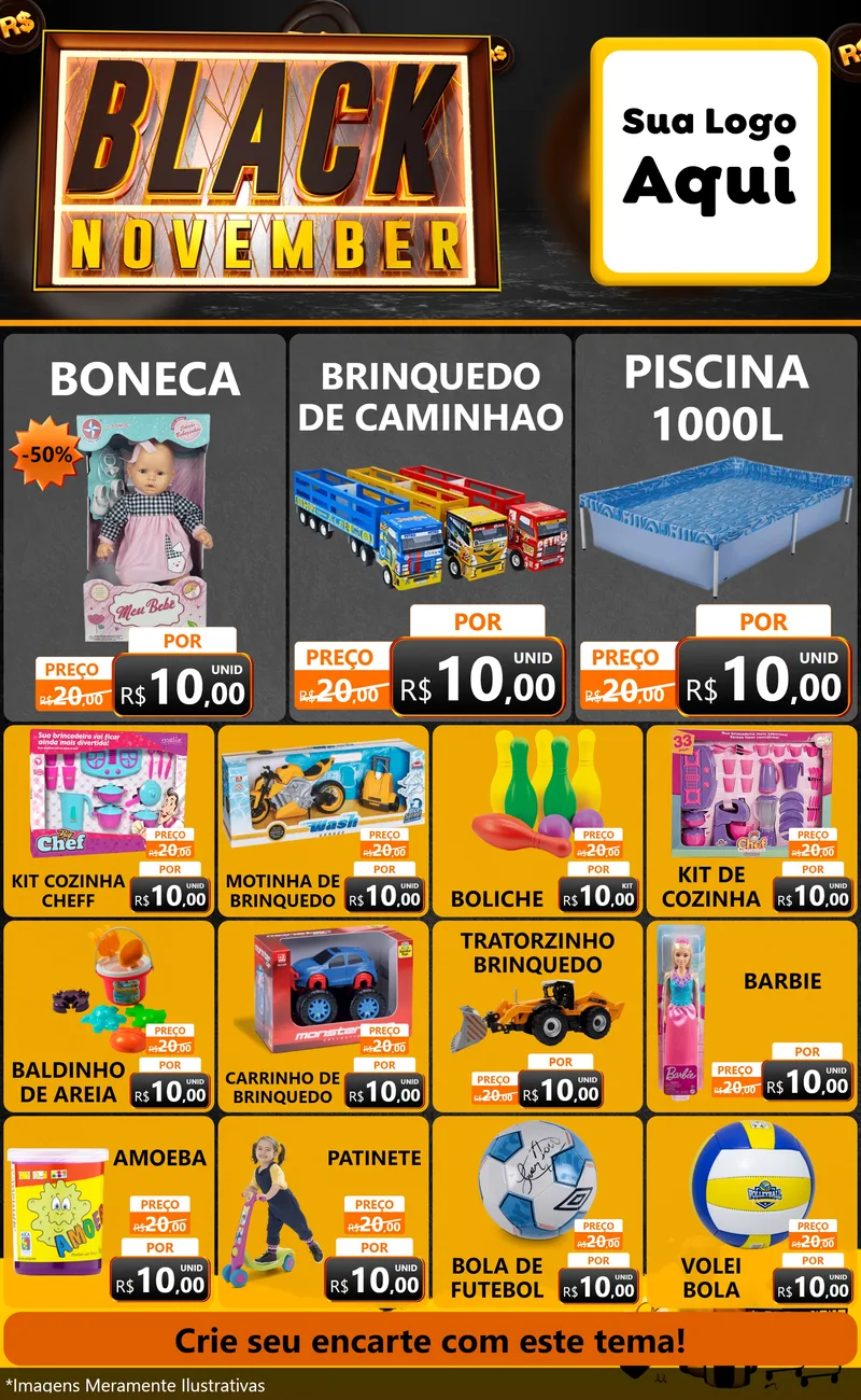 Modelo de Encarte para Encarte Grande com o tema Black November para Brinquedos